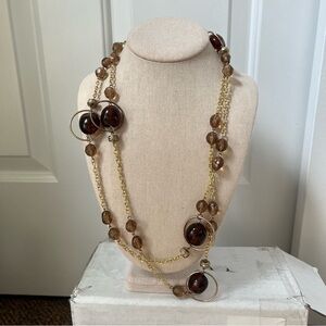 Brown planet orb sphere circle gold tone layering necklace long lanyard wrap